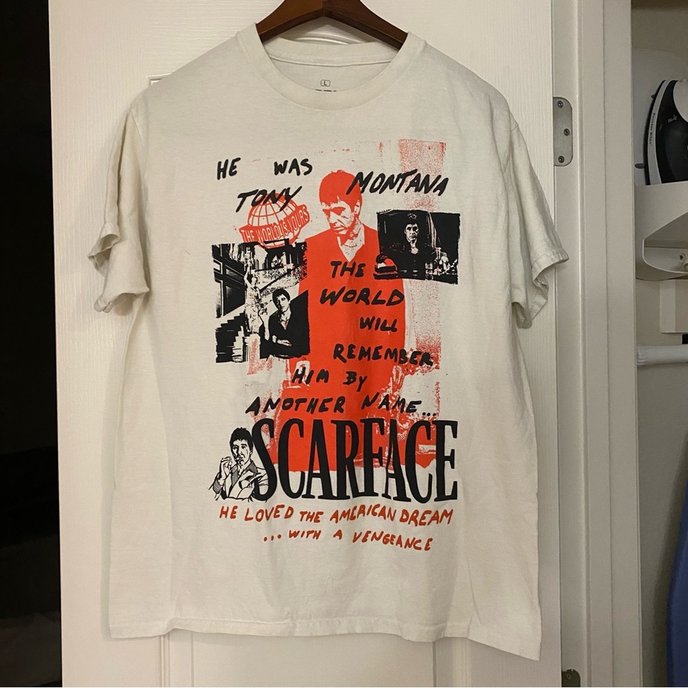 Scarface Movie Mens White Graphic Tee T Shirt L Large Tony Montana Red & Black - Picture 2 of 6